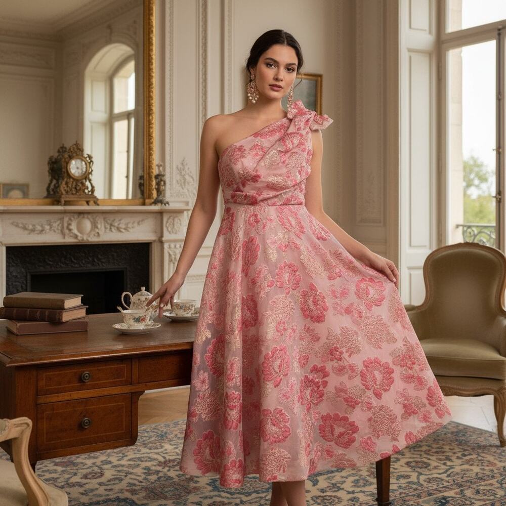 G-17 Taylor Pink Floral One‑Shoulder Dress Size 14 NWT – Bow Detail, Fit & Flare